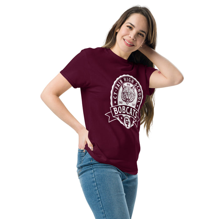 Woman wearing Cy-Fair High School Bobcats Maroon Classic Unisex T-shirt 212