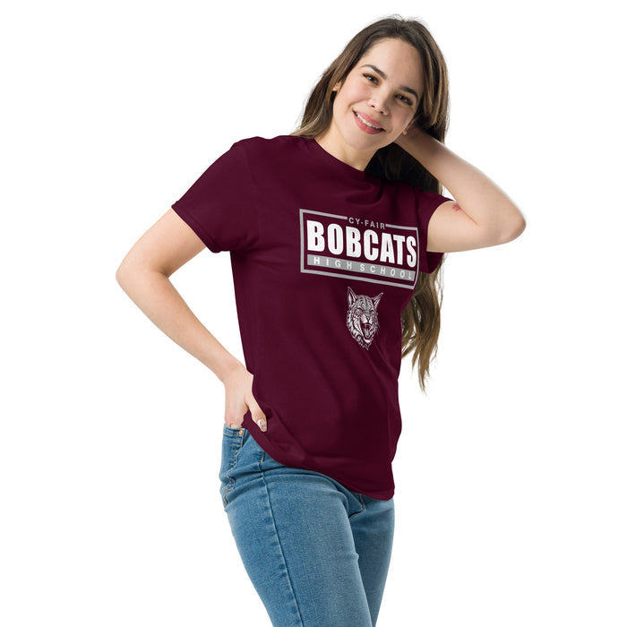 Woman wearing Cy-Fair High School Bobcats Maroon Classic Unisex T-shirt 049
