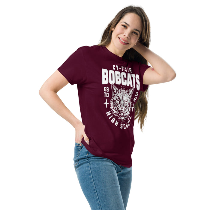 Woman wearing Cy-Fair High School Bobcats Maroon Classic Unisex T-shirt 204