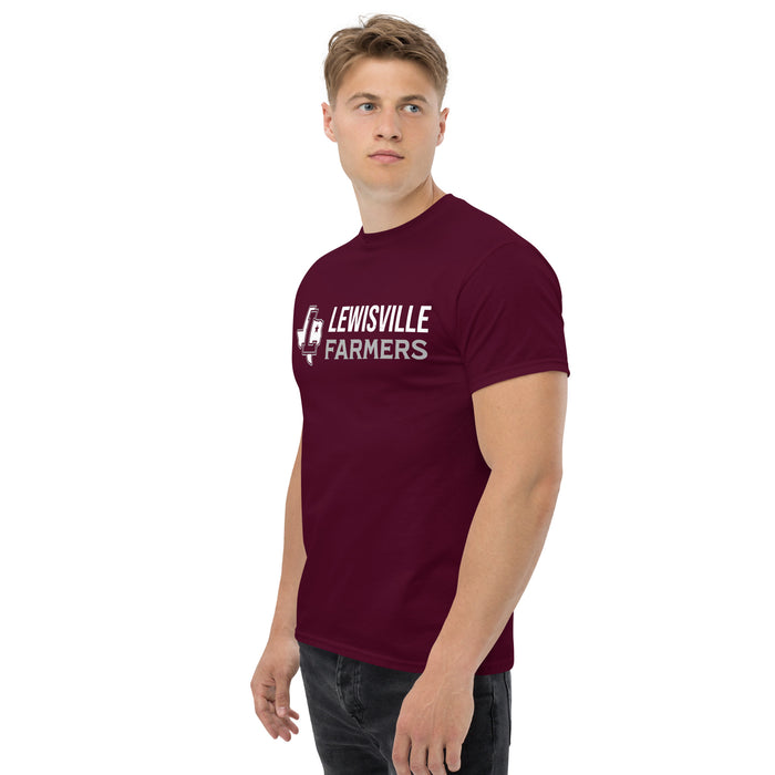 Man wearing Lewisville High School Farmers Maroon Classic Unisex T-shirt 200
