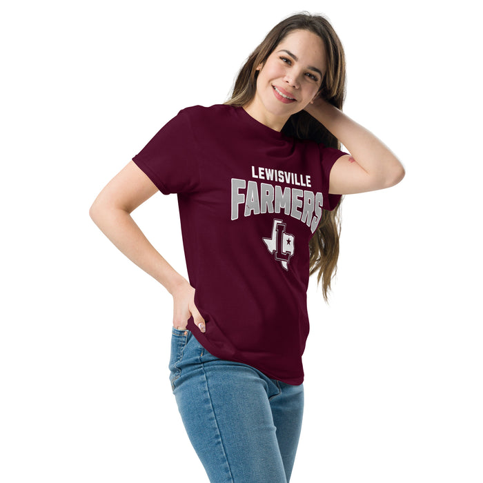 Woman wearing Lewisville High School Farmers Maroon Classic Unisex T-shirt 234