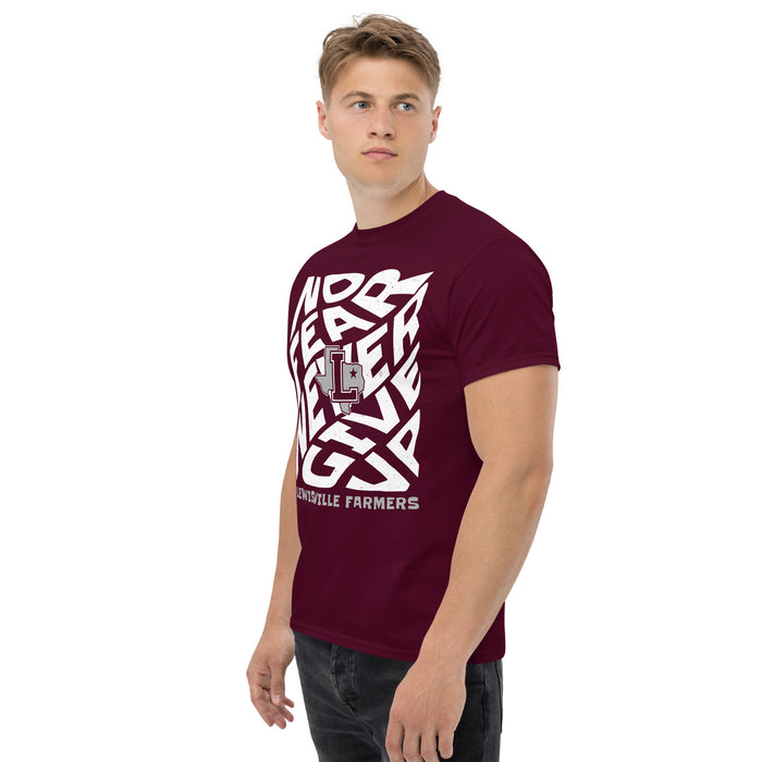 Man wearing Lewisville High School Farmers Maroon Classic Unisex T-shirt 236