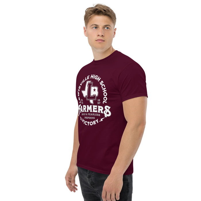 Man wearing Lewisville High School Farmers Maroon Classic Unisex T-shirt 206