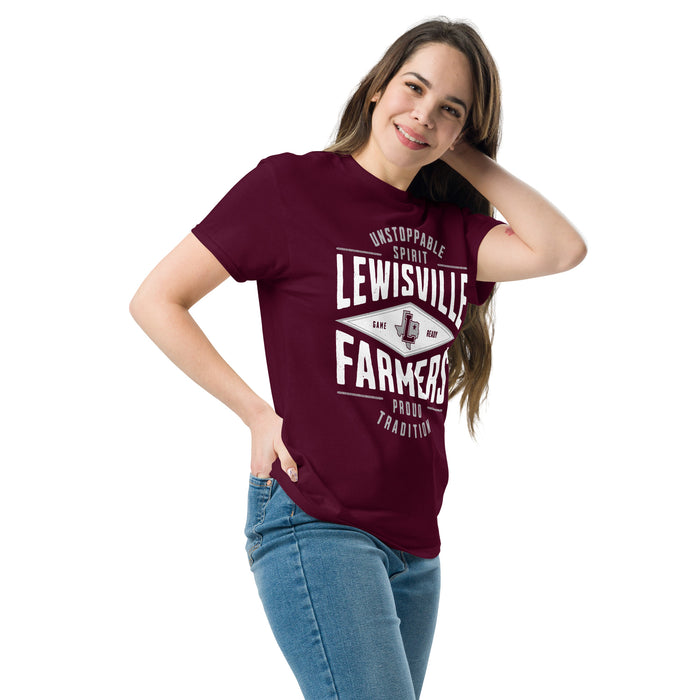Woman wearing Lewisville High School Farmers Maroon Classic Unisex T-shirt 210