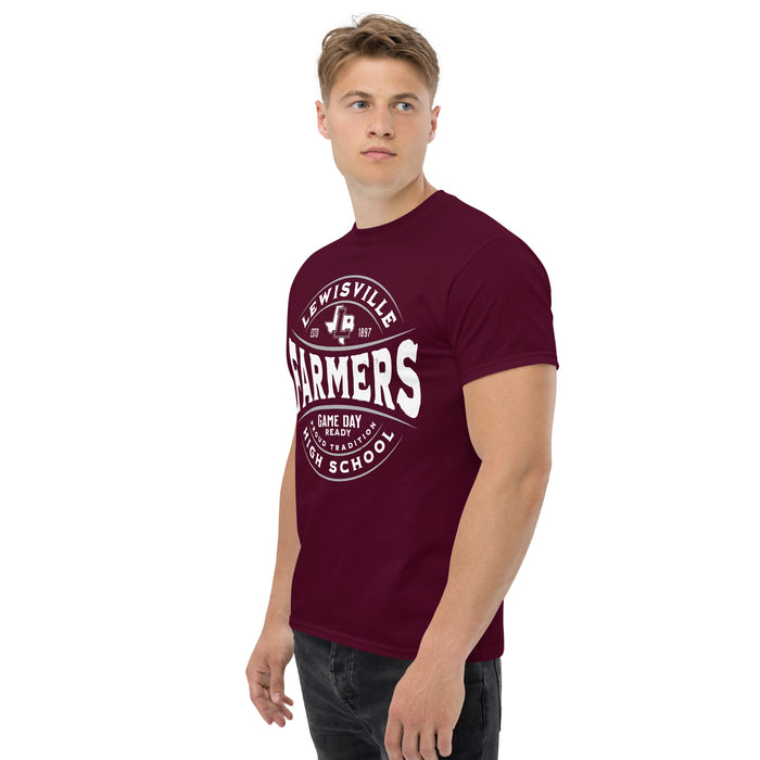 Man wearing Lewisville High School Farmers Maroon Classic Unisex T-shirt 218
