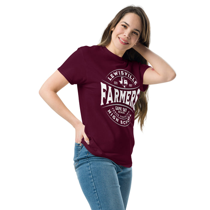 Woman wearing Lewisville High School Farmers Maroon Classic Unisex T-shirt 218