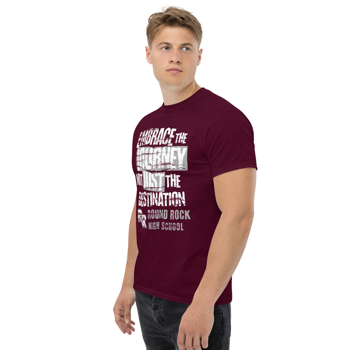 Man wearing Round Rock High School Dragons Maroon Classic Unisex T-shirt 232