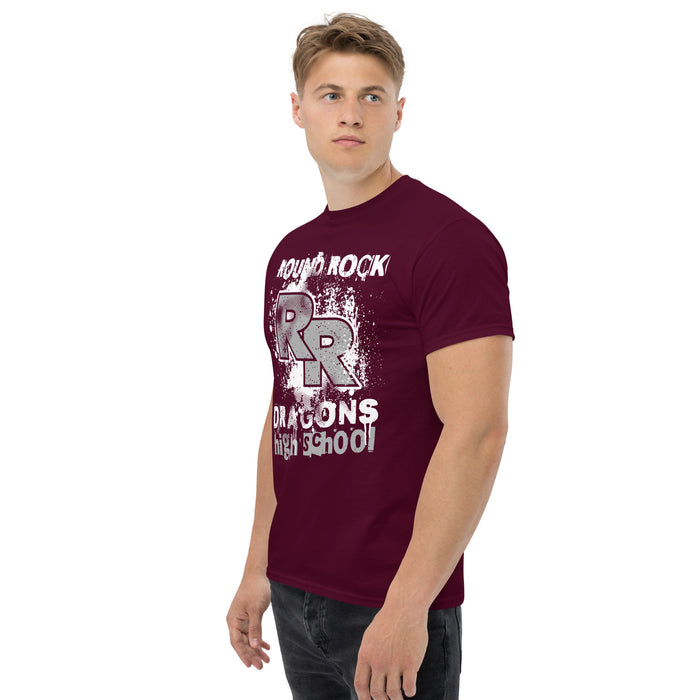 Man wearing Round Rock High School Dragons Maroon Classic Unisex T-shirt 205