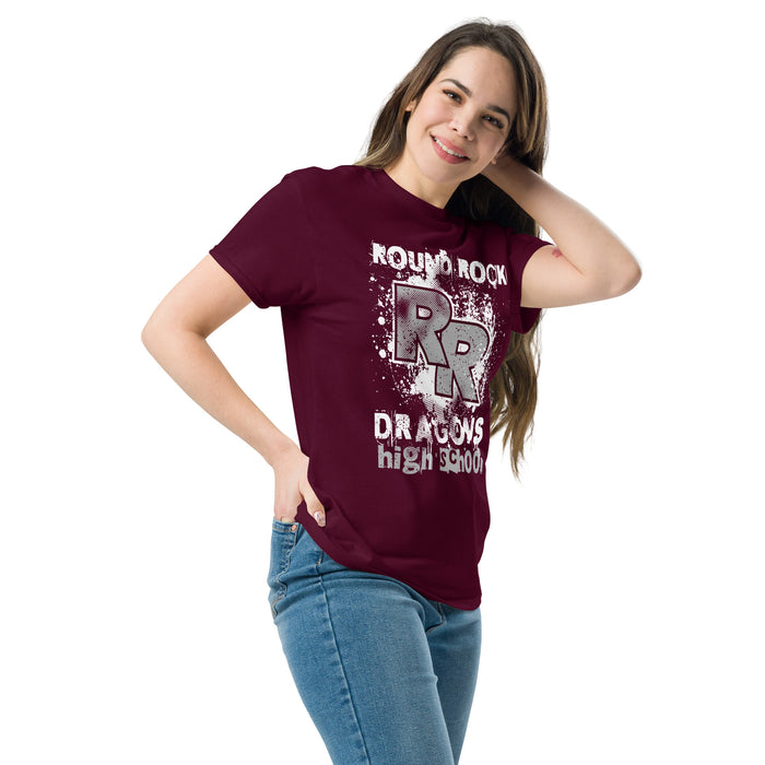 Woman wearing Round Rock High School Dragons Maroon Classic Unisex T-shirt 205