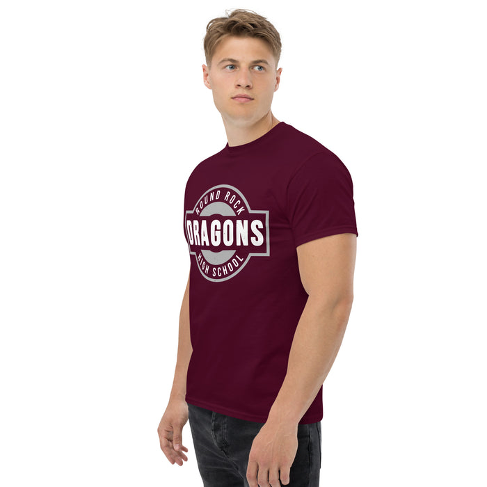 Man wearing Round Rock High School Dragons Maroon Classic Unisex T-shirt 011