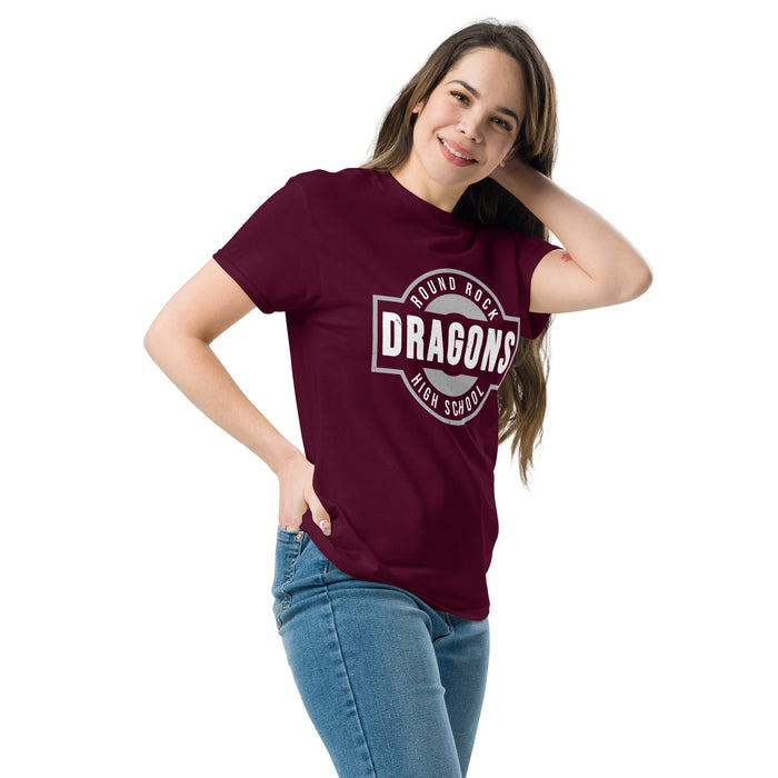 Woman wearing Round Rock High School Dragons Maroon Classic Unisex T-shirt 011