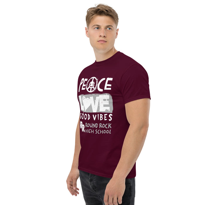 Man wearing Round Rock High School Dragons Maroon Classic Unisex T-shirt 240