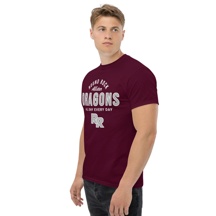 Man wearing Round Rock High School Dragons Maroon Classic Unisex T-shirt 040