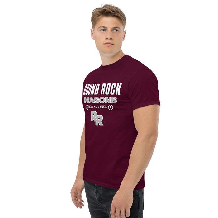 Man wearing Round Rock High School Dragons Maroon Classic Unisex T-shirt 003