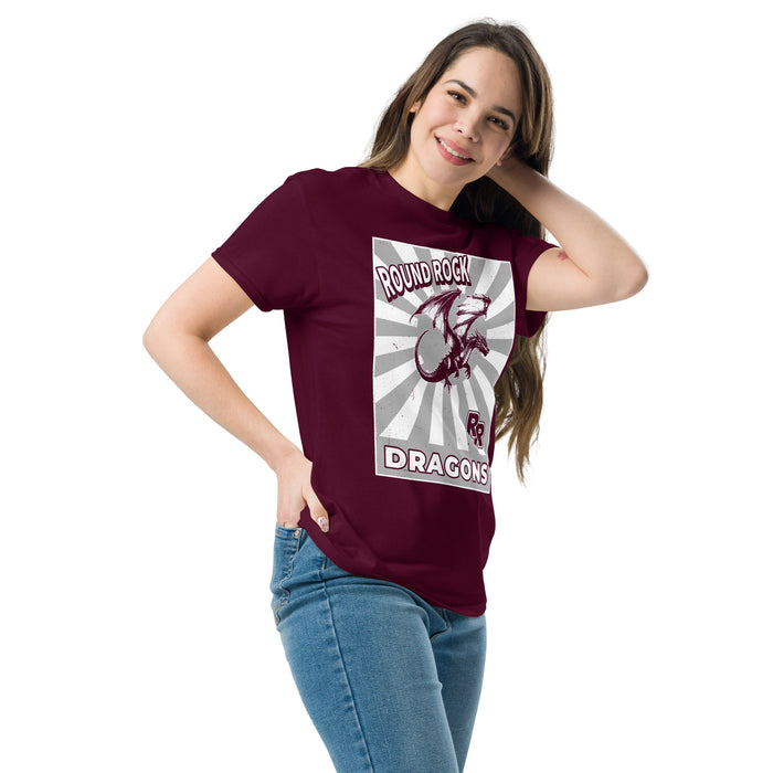 Woman wearing Round Rock High School Dragons Maroon Classic Unisex T-shirt 226
