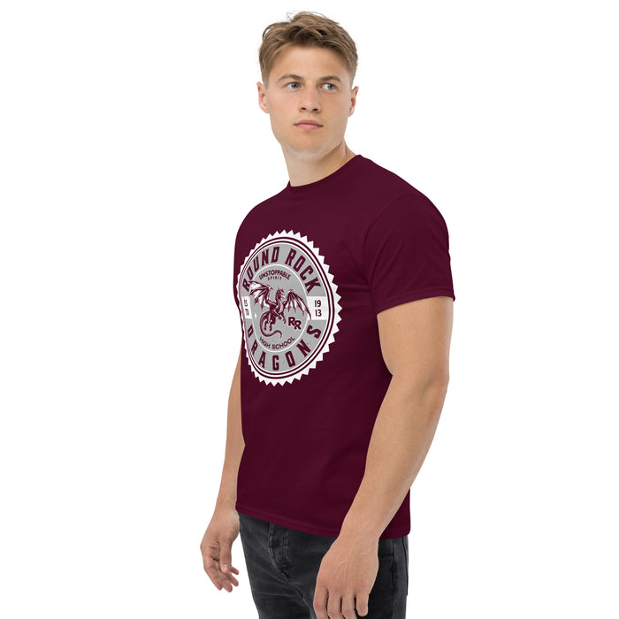 Man wearing Round Rock High School Dragons Maroon Classic Unisex T-shirt 203