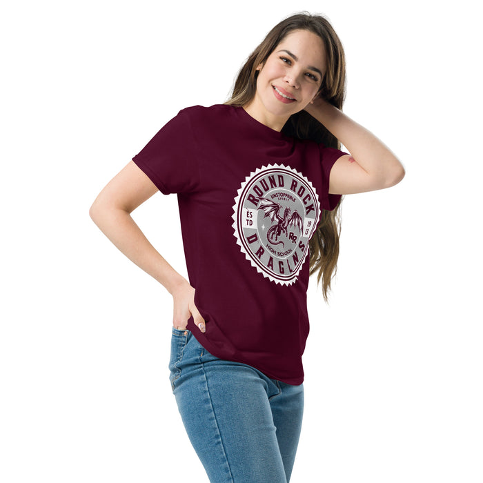 Woman wearing Round Rock High School Dragons Maroon Classic Unisex T-shirt 203