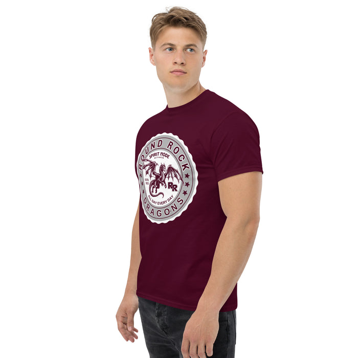 Man wearing Round Rock High School Dragons Maroon Classic Unisex T-shirt 216