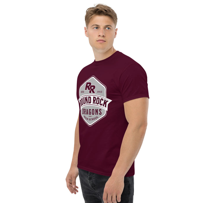Man wearing Round Rock High School Dragons Maroon Classic Unisex T-shirt 209