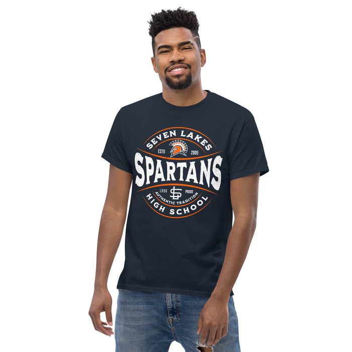 Man wearing Seven Lakes High School Spartans Navy Blue Classic Unisex T-shirt 218