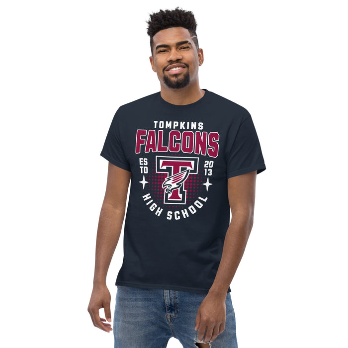 Man wearing Tompkins High School Falcons Navy Classic Unisex T-shirt 204