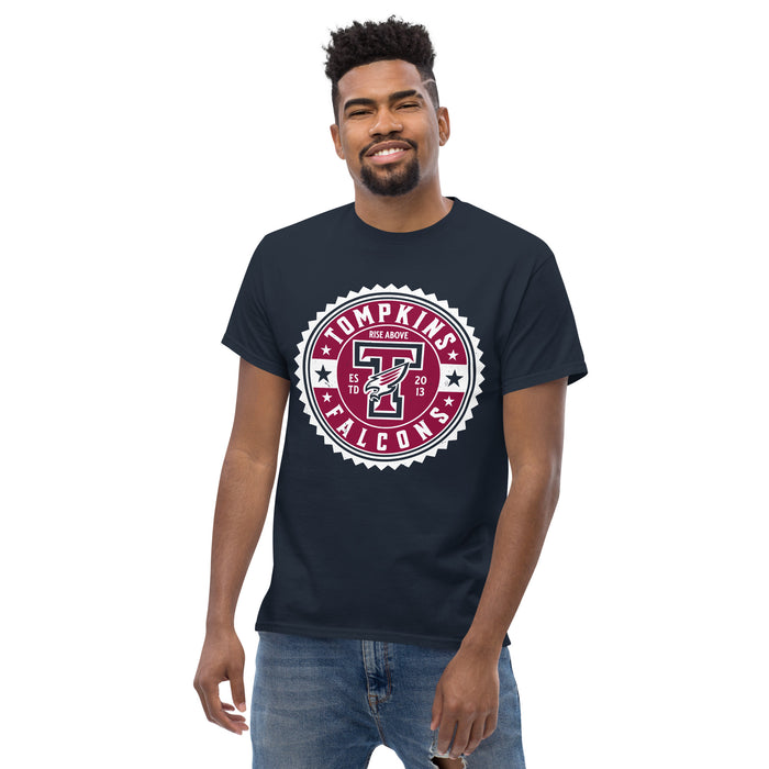 Man wearing Tompkins High School Falcons Navy Classic Unisex T-shirt 203