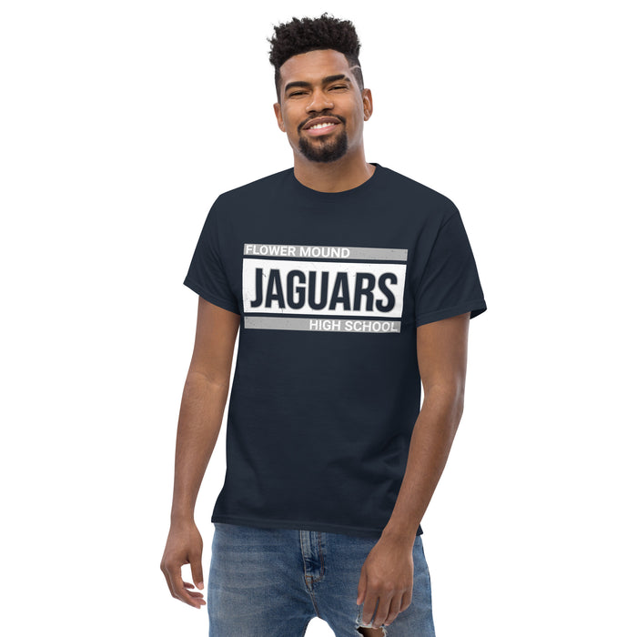 Man wearing Flower Mound High School Jaguars Navy Blue Classic Unisex T-shirt 098