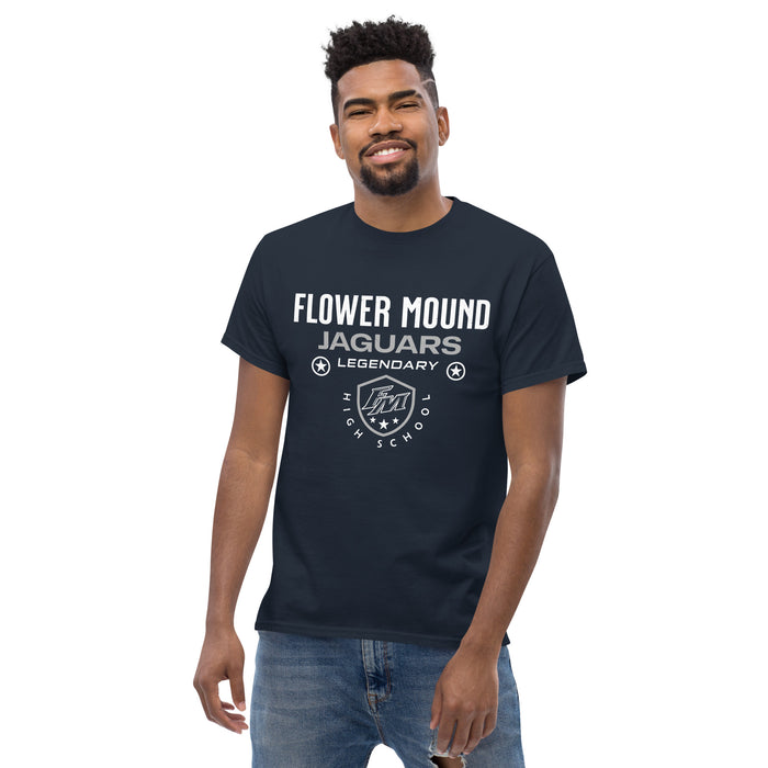 Man wearing Flower Mound High School Jaguars Navy Blue Classic Unisex T-shirt 003