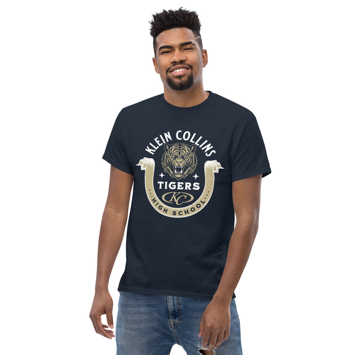 Man wearing Klein Collins High School Tigers Classic Unisex Navy T-shirt 229