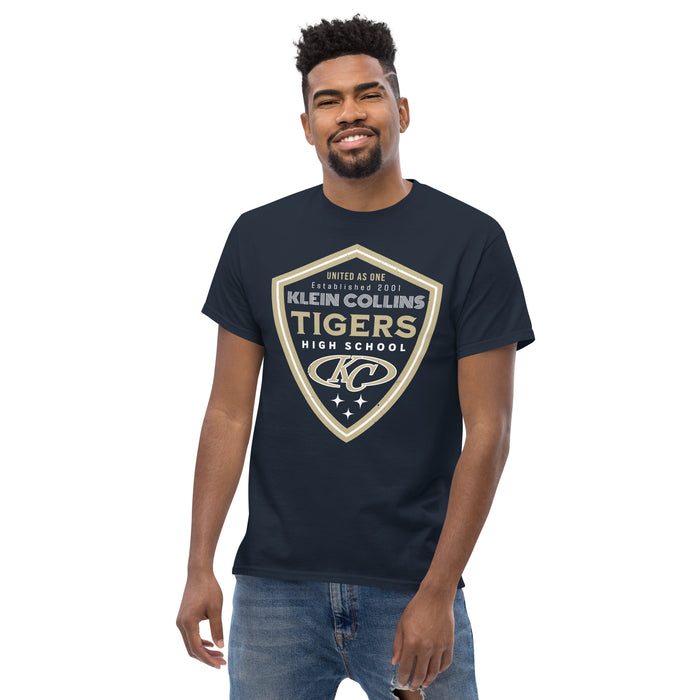 Man wearing Klein Collins High School Tigers Classic Unisex Navy T-shirt 225