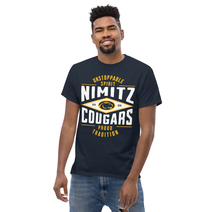 Front view of Nimitz High School Cougars Navy Blue Classic Unisex T-shirt 210