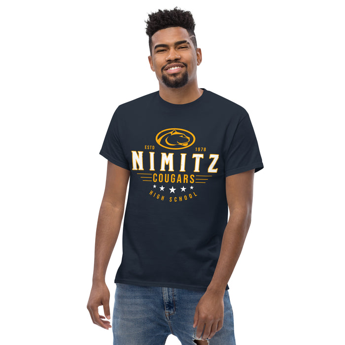 Front view of Nimitz High School Cougars Navy Blue Classic Unisex T-shirt 217