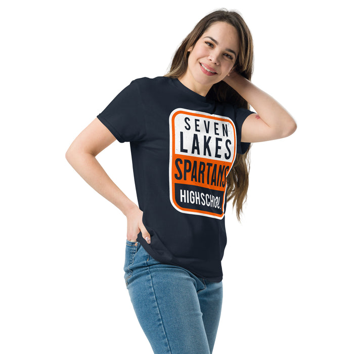 Woman wearing Seven Lakes High School Spartans Navy Blue Classic Unisex T-shirt 001