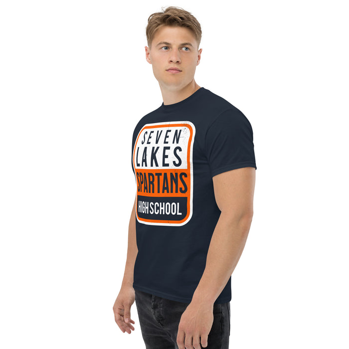 Side view of Seven Lakes High School Spartans Navy Blue Classic Unisex T-shirt 001