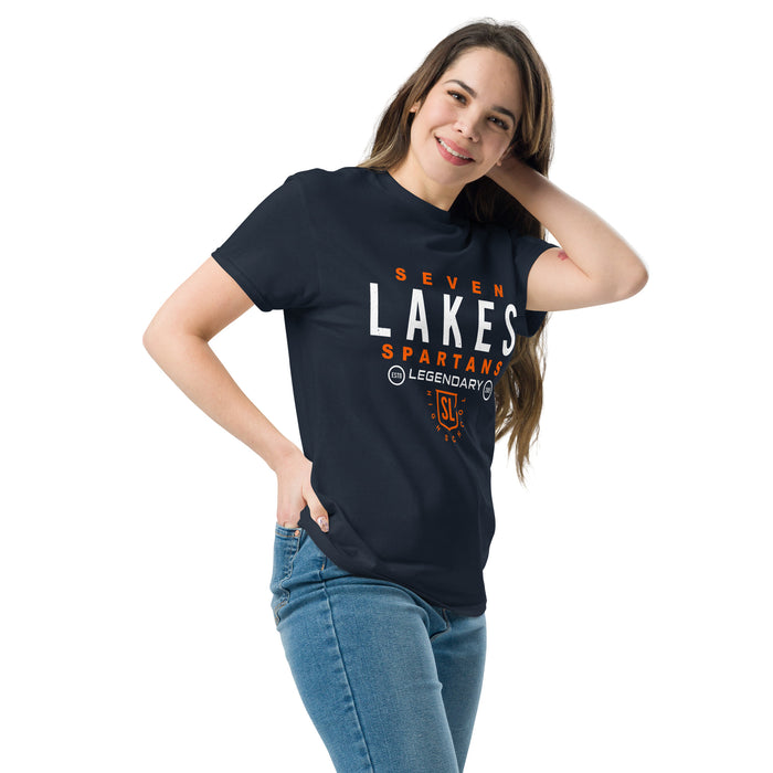 Woman wearing Seven Lakes High School Spartans Navy Blue Classic Unisex T-shirt 003