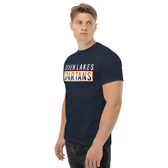 Side view of Seven Lakes High School Spartans Navy Blue Classic Unisex T-shirt 031