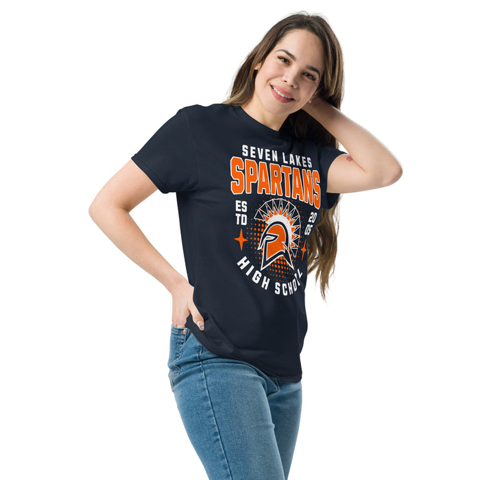 Woman wearing Seven Lakes High School Spartans Navy Blue Classic Unisex T-shirt 204