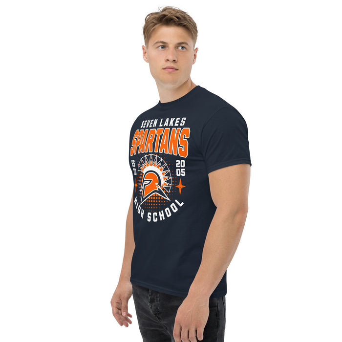 Side view of Seven Lakes High School Spartans Navy Blue Classic Unisex T-shirt 204