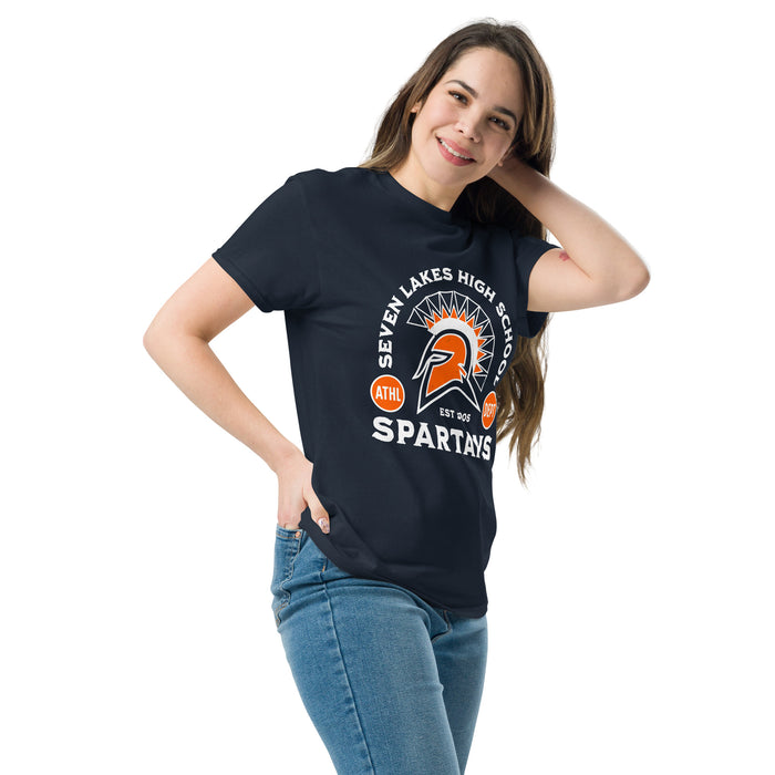 Woman wearing Seven Lakes High School Spartans Navy Blue Classic Unisex T-shirt 208