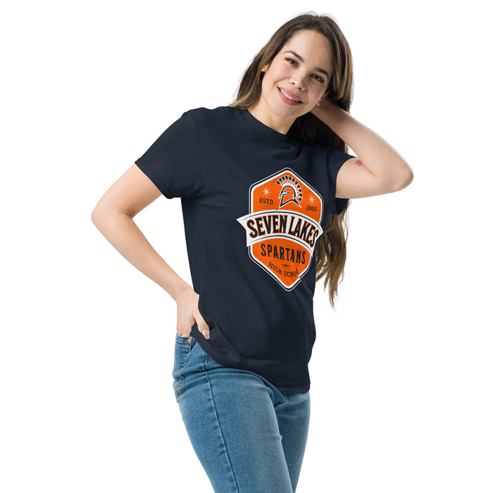 Woman wearing Seven Lakes High School Spartans Navy Blue Classic Unisex T-shirt 209