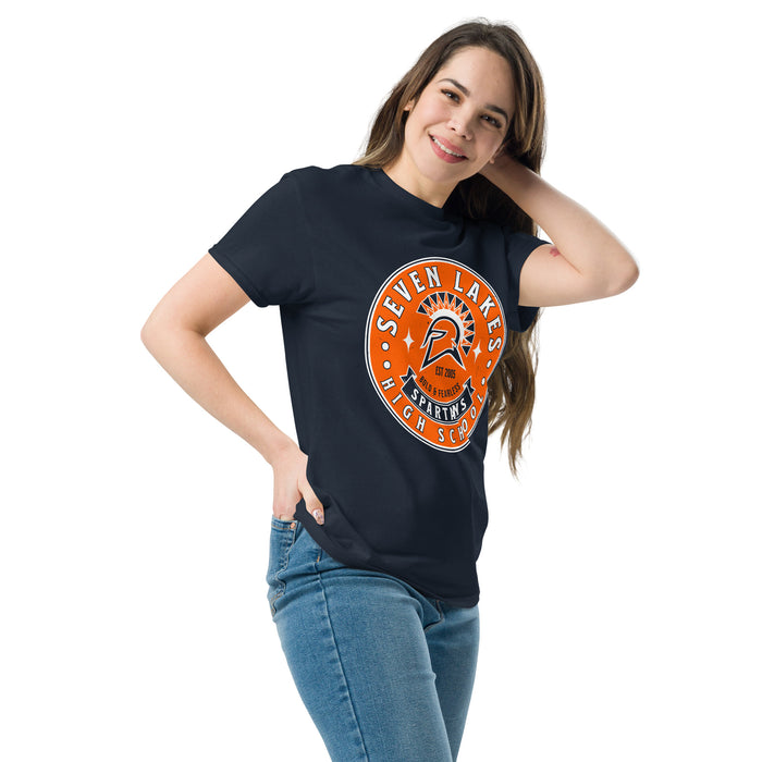 Woman wearing Seven Lakes High School Spartans Navy Blue Classic Unisex T-shirt 215