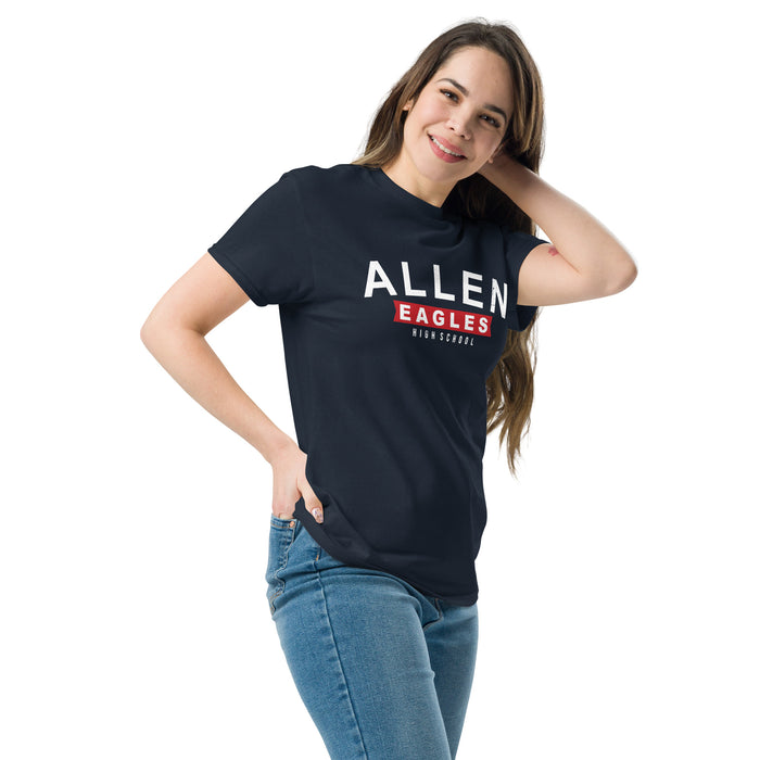 Woman wearing Allen High School Eagles Classic Unisex Navy T-shirt 021