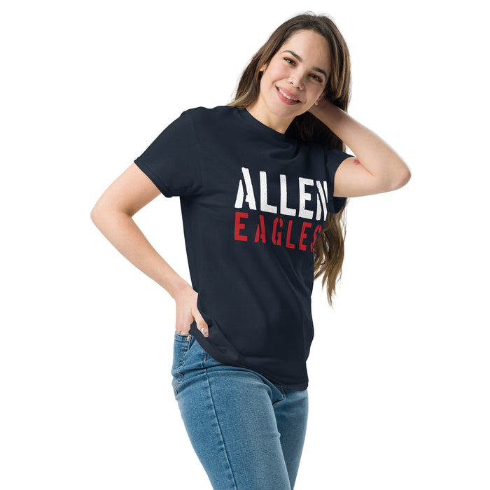 Woman wearing Allen High School Eagles Classic Unisex Navy T-shirt 017