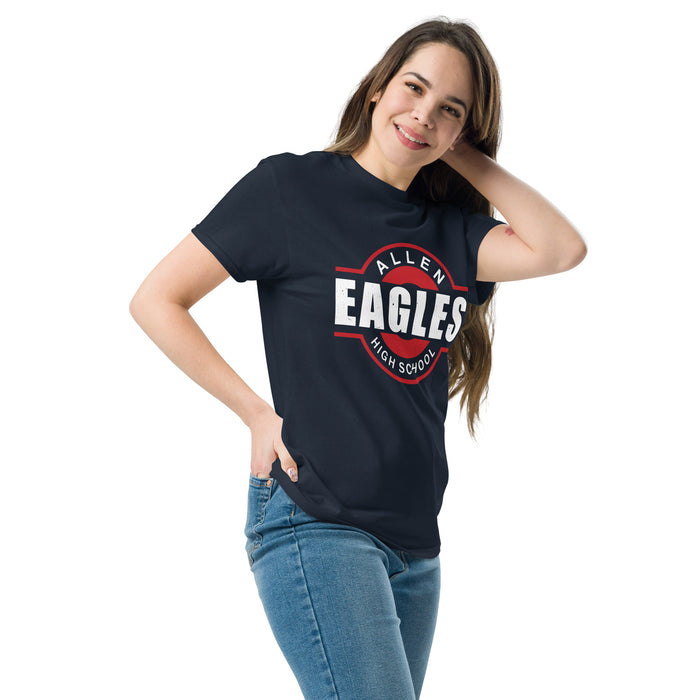 Woman wearing Allen High School Eagles Classic Unisex Navy T-shirt 011