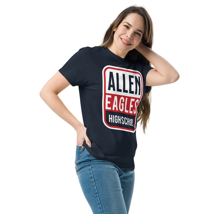 Woman wearing Allen High School Eagles Classic Unisex Navy T-shirt 001