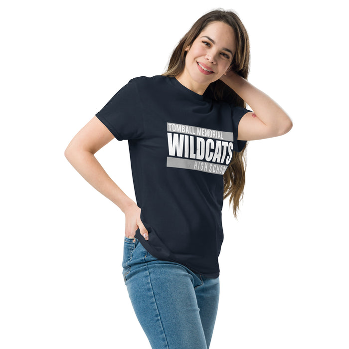 Woman wearing Tomball Memorial High School Wildcats Navy Classic Unisex T-shirt 098