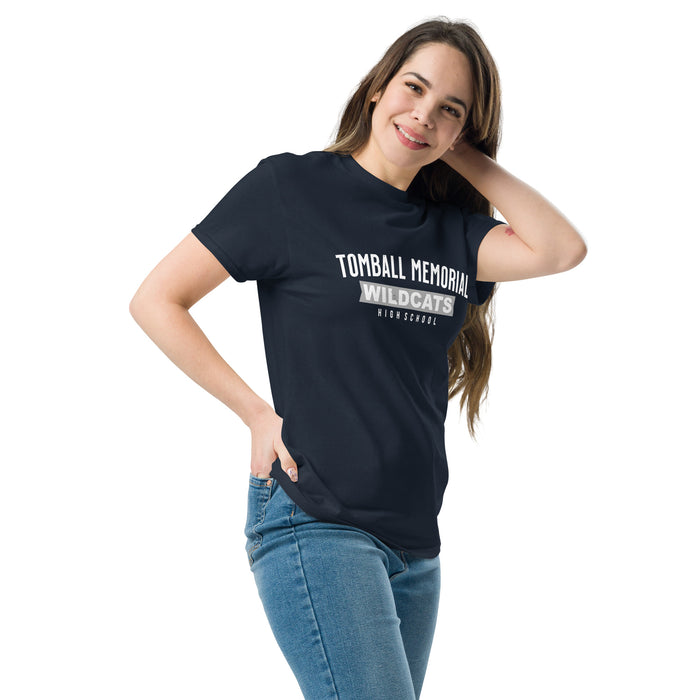 Woman wearing Tomball Memorial High School Wildcats Navy Classic Unisex T-shirt 021