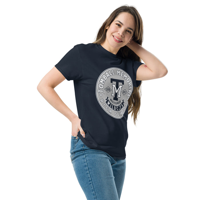 Woman wearing Tomball Memorial High School Wildcats Navy Classic Unisex T-shirt 215