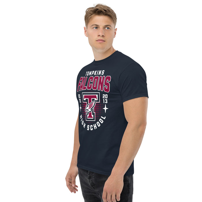 Side view of Tompkins High School Falcons Navy Classic Unisex T-shirt 204