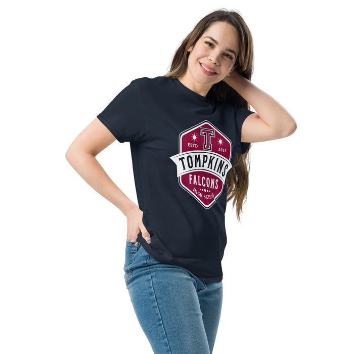 Woman wearing Tompkins High School Falcons Navy Classic Unisex T-shirt 209